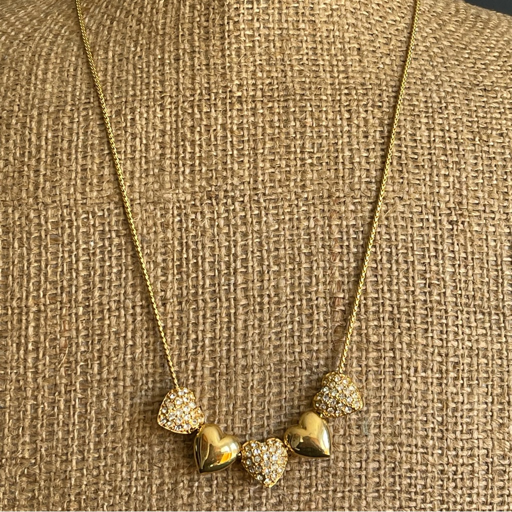 Joan Rivers Reversible 5 Heart Gold & Crystal Necklace.